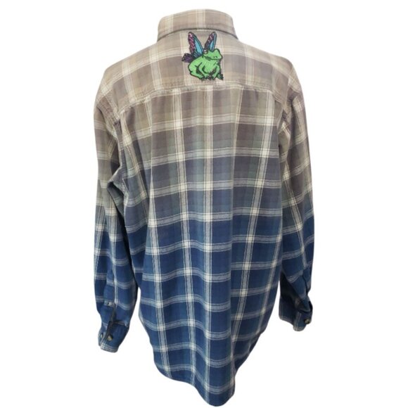 Upcycled Distressed Flannel with "Butterfrog" Embroidered Patch XL - Picture 2 of 7
